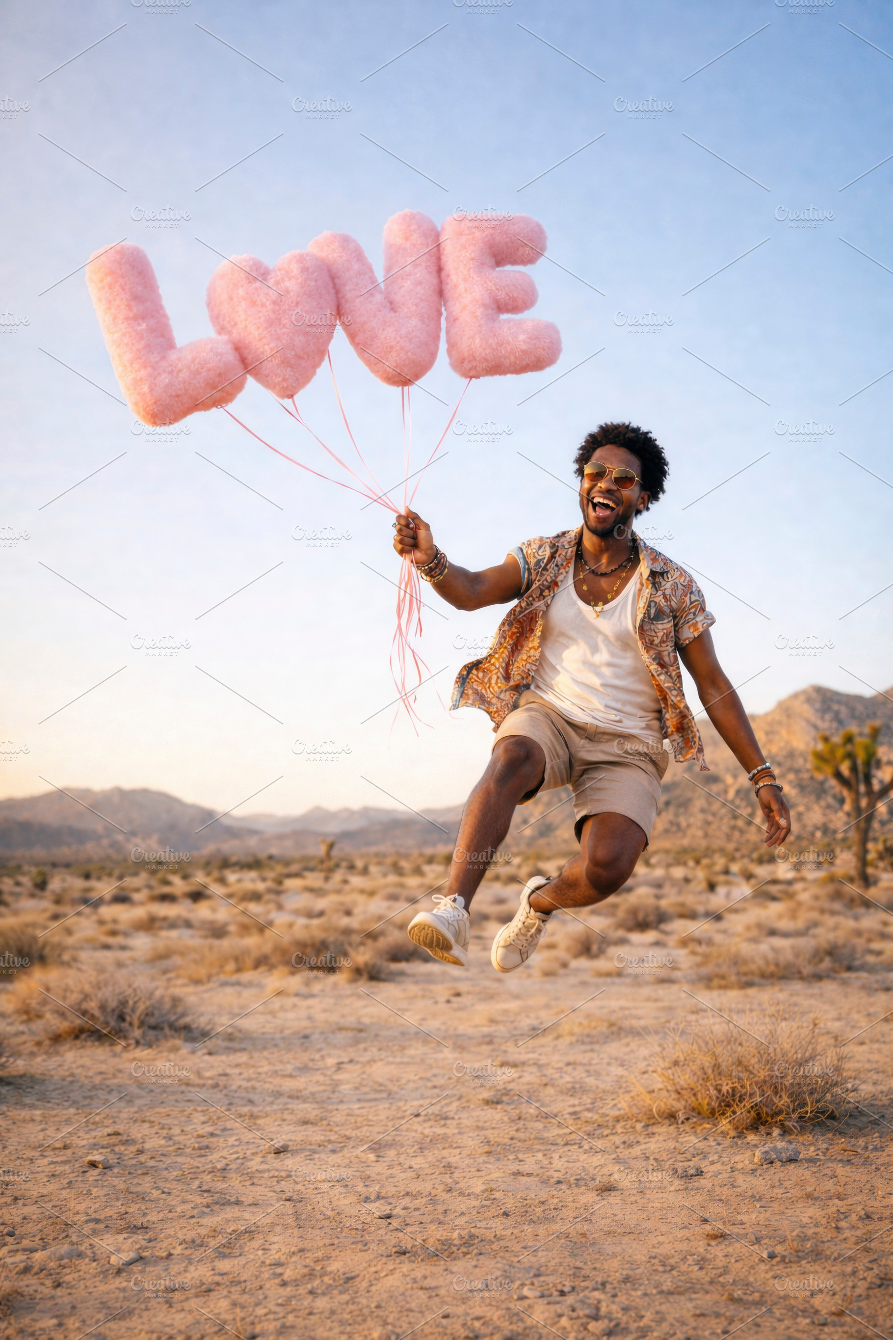 man jumping with love balloons, generative AI, a Photo by Nito