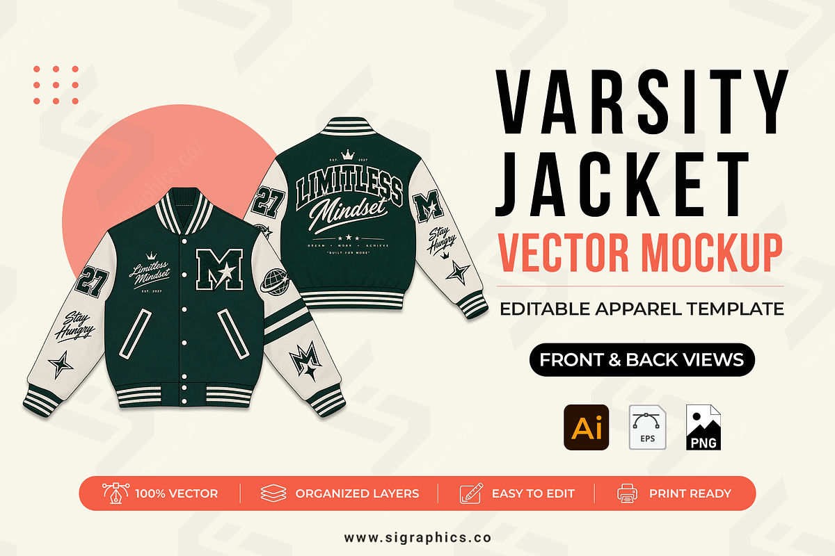 Varsity Jacket Vector Template, a Shirt Mockup by S.i. Graphics (Photo 1 of 3)