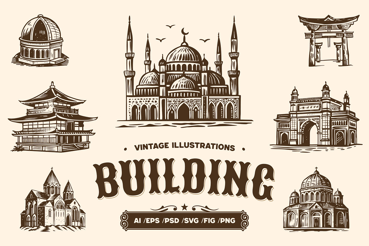 Vintage Building Illustration Set, a Decorative Illustration by Creative Stall (Photo 1 of 10)