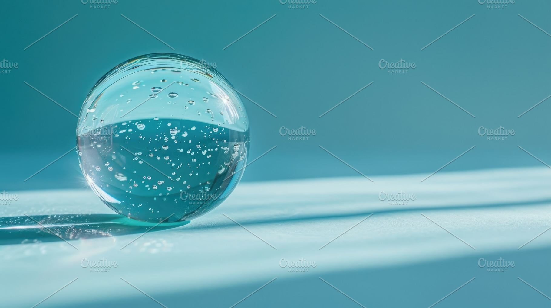 Minimal glass sphere with water bubbles on soft blue background,, an Abstract Photo by José Manuel Gelpi