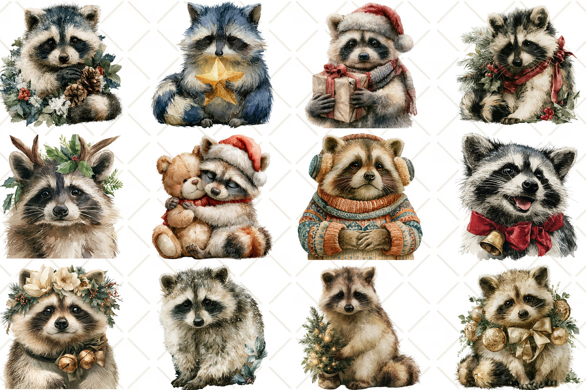 Watercolor Christmas Raccoon Clipart, a Seasonal Illustration by Black Bird Studio (Photo 3 of 7)