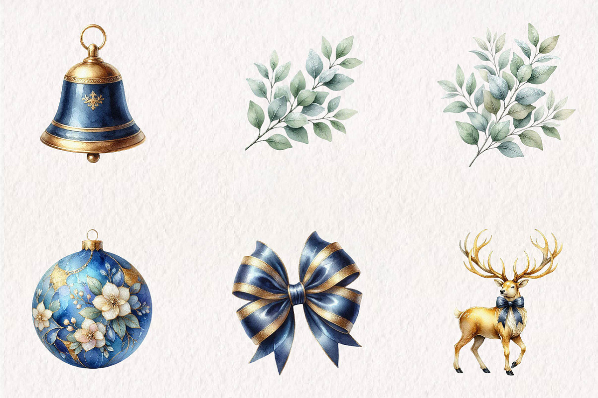 Watercolor Navy Gold Ornaments, a Seasonal Illustration by CreationArt (Photo 4 of 7)