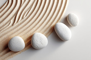 White stones resting on a gently flowing sand pattern in a modern setting, a Beauty & Fashion Photo by AlyaAnd