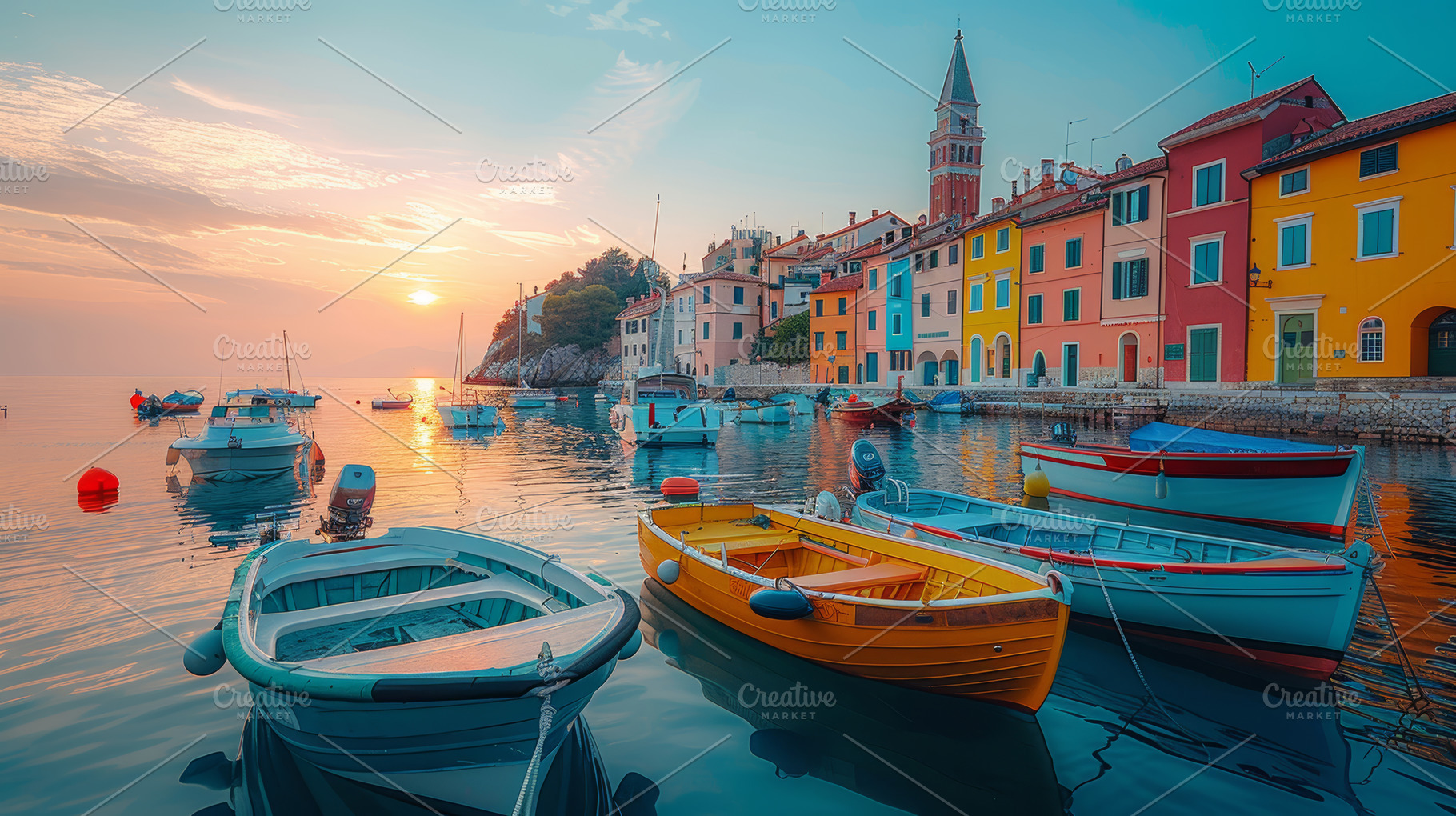 Sunset Over Colorful Marina in Piran Town with Boats and Buoys, a Photo by AS photostudio