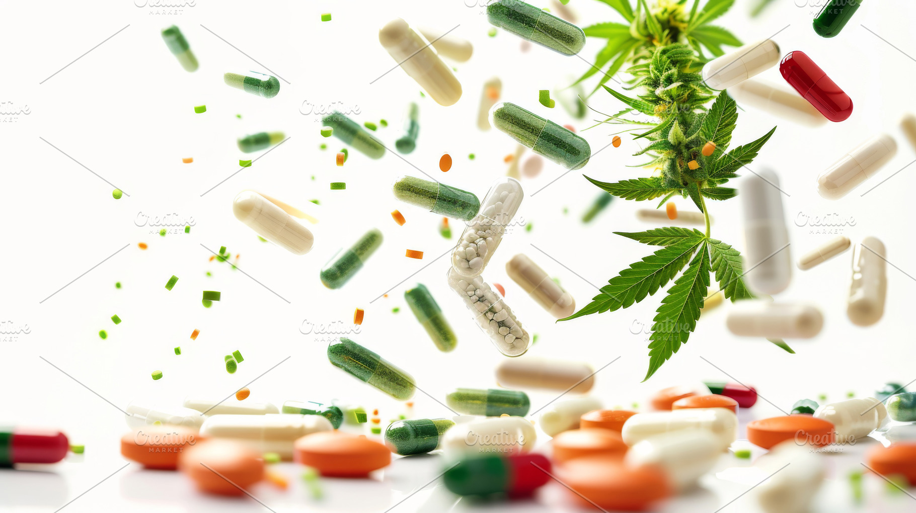 Colorful pills and cannabis leaves scattered on white background, a Photo by Dvoevnore photos