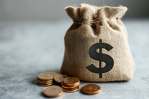 Burlap bag with dollar symbol and banknotes on grey background, a Business Photo by AlyaAnd