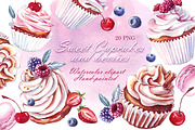 Watercolor cupcakes, berries, PNG, a Food Illustration by Alena Kurian (Thumbnail 1 of 3)