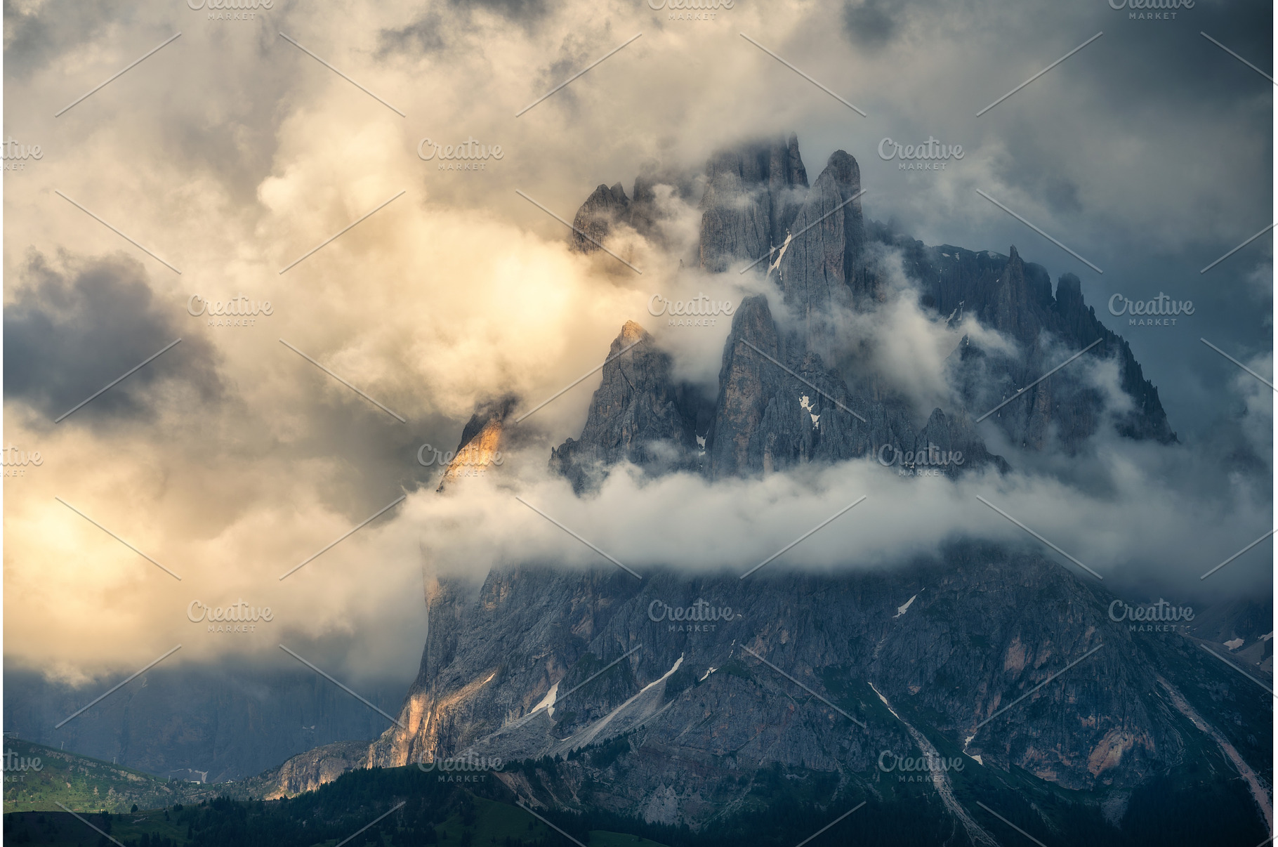 Majestic alpine mountains covered by, a Nature Photo by den-belitsky