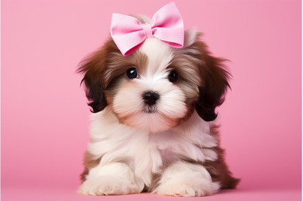 Playful Puppy pink bow background, an Animal Photo by Ylivdesign