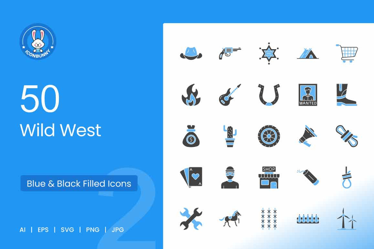 50 Wild West Blue & Black Icons, an Icon by IconBunny (Photo 1 of 2)