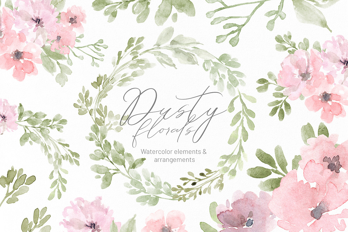 Watercolor Dusty Green Pink Flowers, a Decorative Illustration by GraphicsDish (Photo 1 of 5)