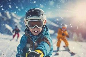 Portrait of children skiing in protective equipment in mountains, a Photo by AlyaAnd