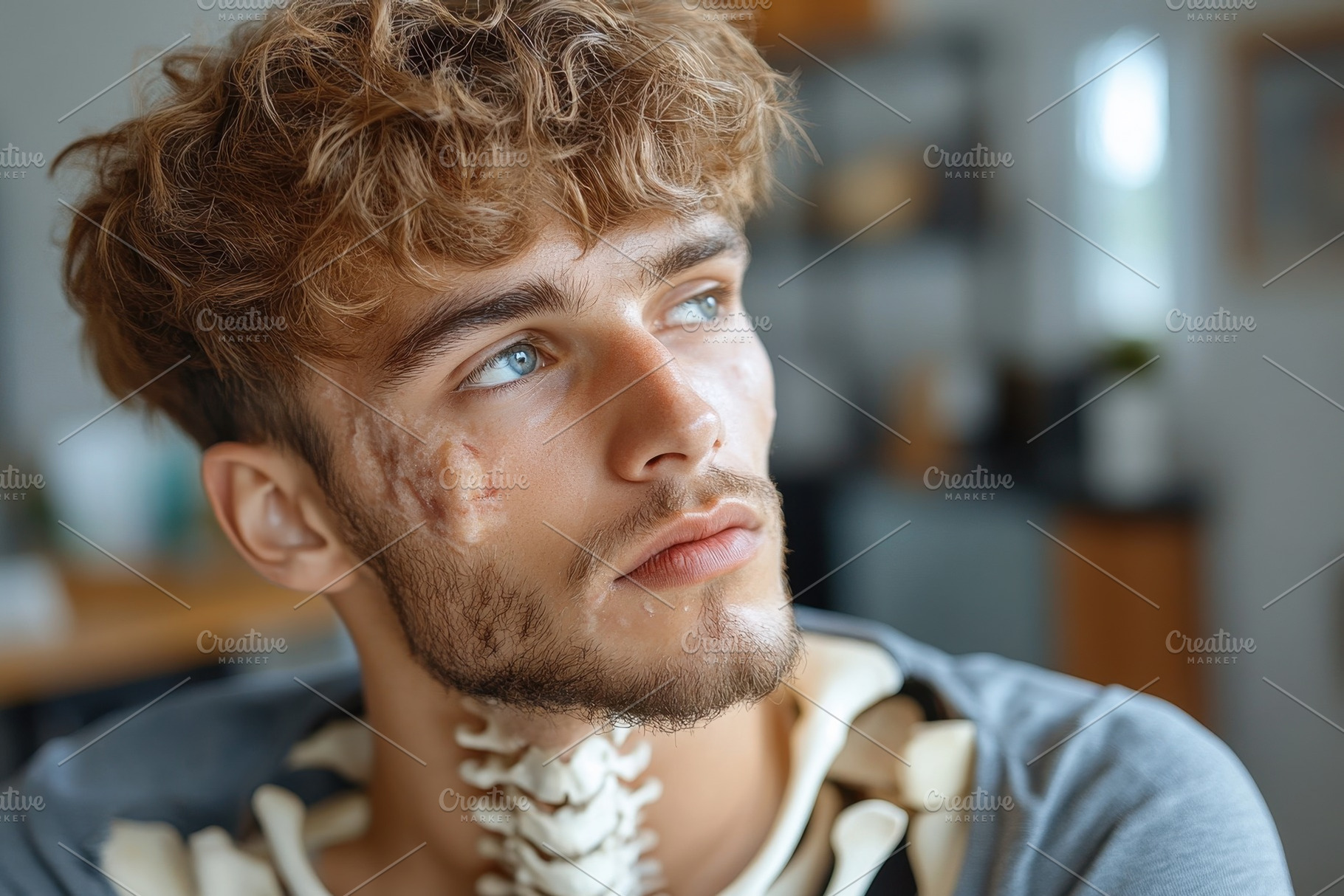 Young man with facial scars and anat, a Photo by Tanuart