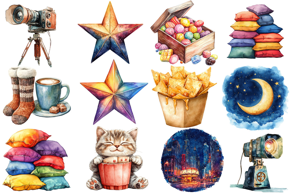 Watercolor Movie Night Clipart, an Illustration by Designworld (Photo 3 of 8)