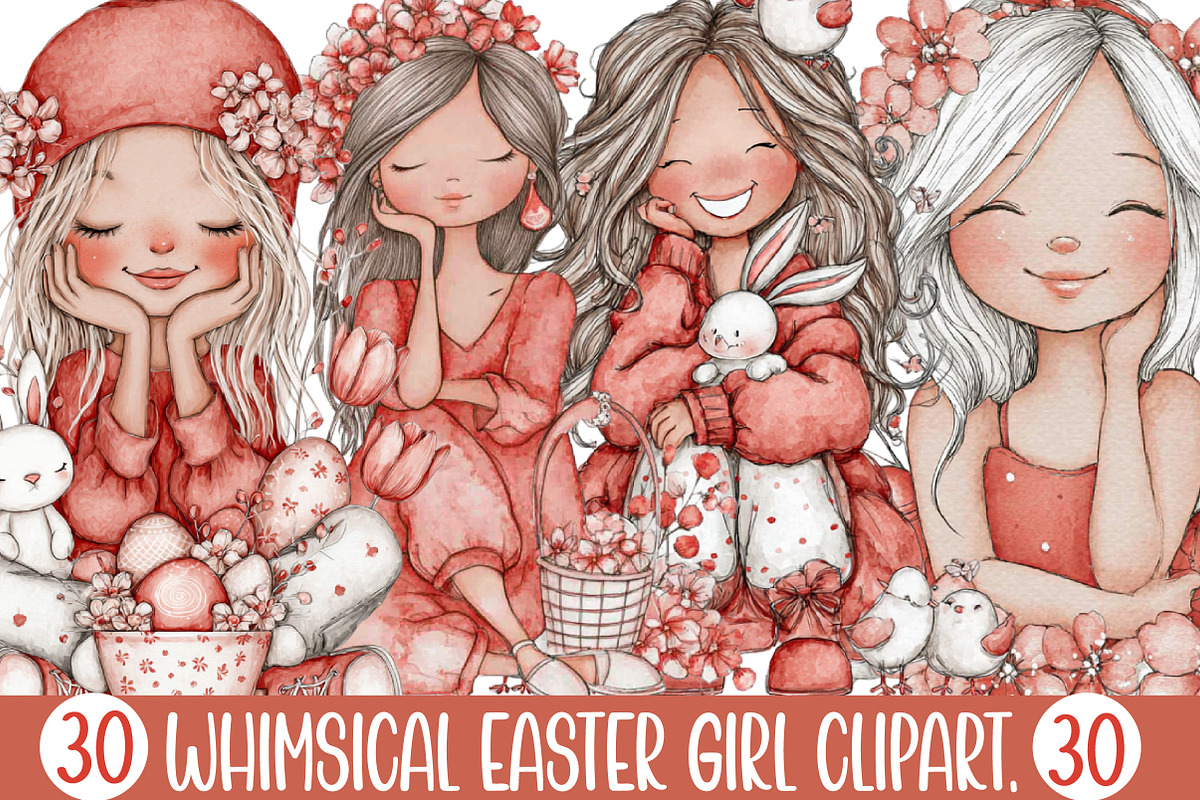 Whimsical Easter Girl Clipart., an Illustration by Designking (Photo 1 of 5)