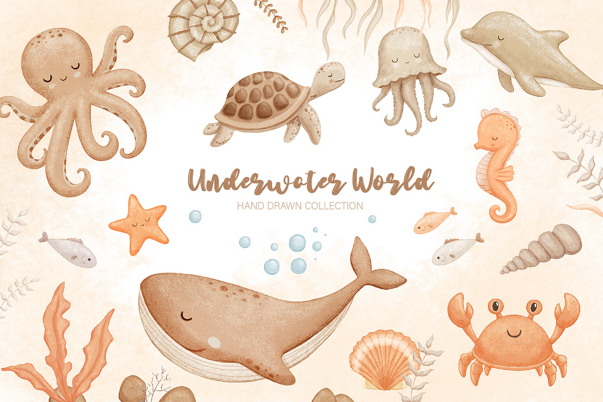 Watercolor Sea Animals Clipart, an Animal Illustration by ElenaPlatovaArt (Photo 1 of 13)