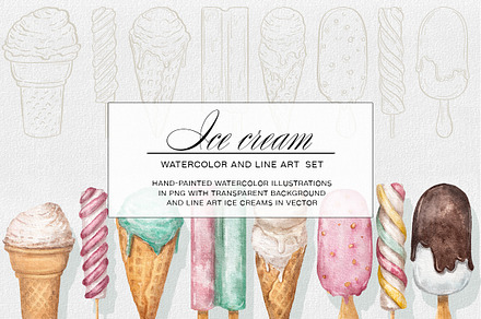 Watercolor & Line Art Ice Cream Set