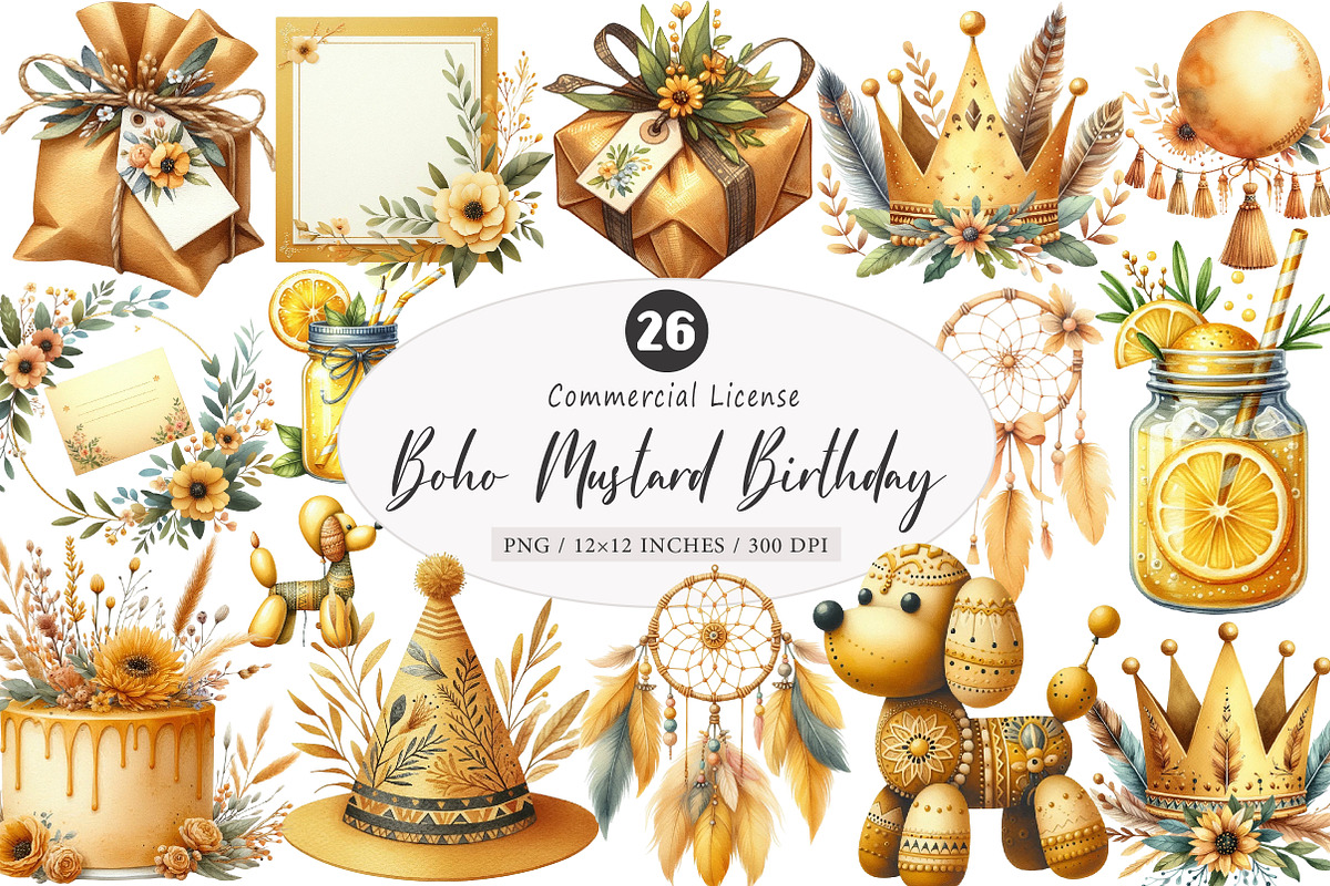 Boho Mustard Yellow Birthday Clipart, an Illustration by SinaCreation (Photo 1 of 5)