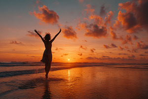 Woman in dress runs on beach at suns, a Photo by Pixeness Studio
