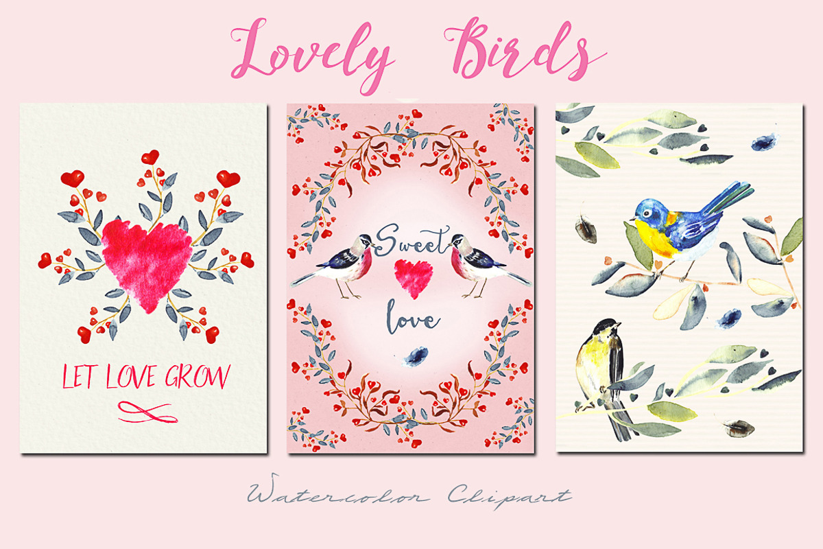 Valentines  birds.watercolor clipart, an Illustration by LABFcreations (Photo 2 of 6)
