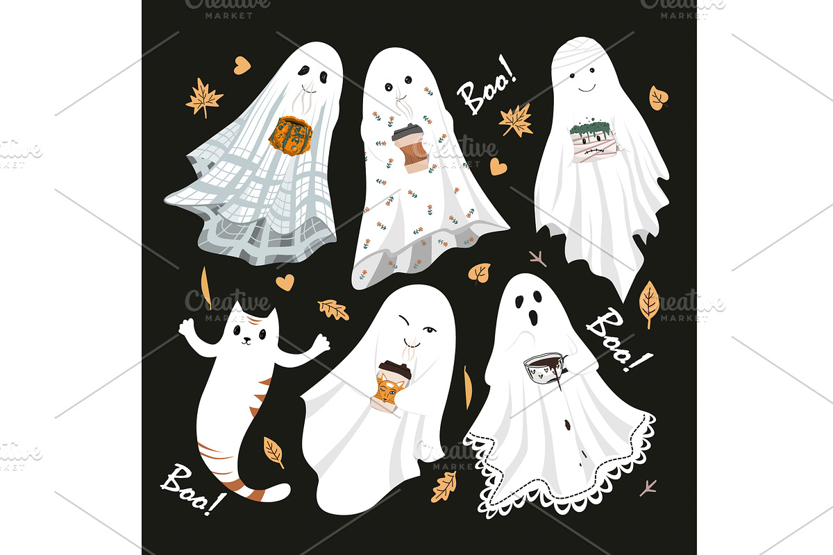 Funny cute sheet ghosts with a hot, a Food Illustration by Toltemara