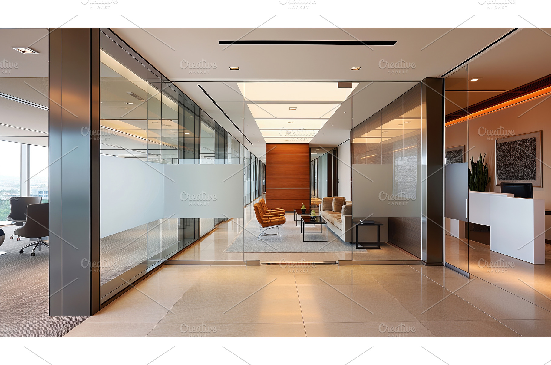 Modern office waiting area with, an Abstract Photo by Sergey Kotenev