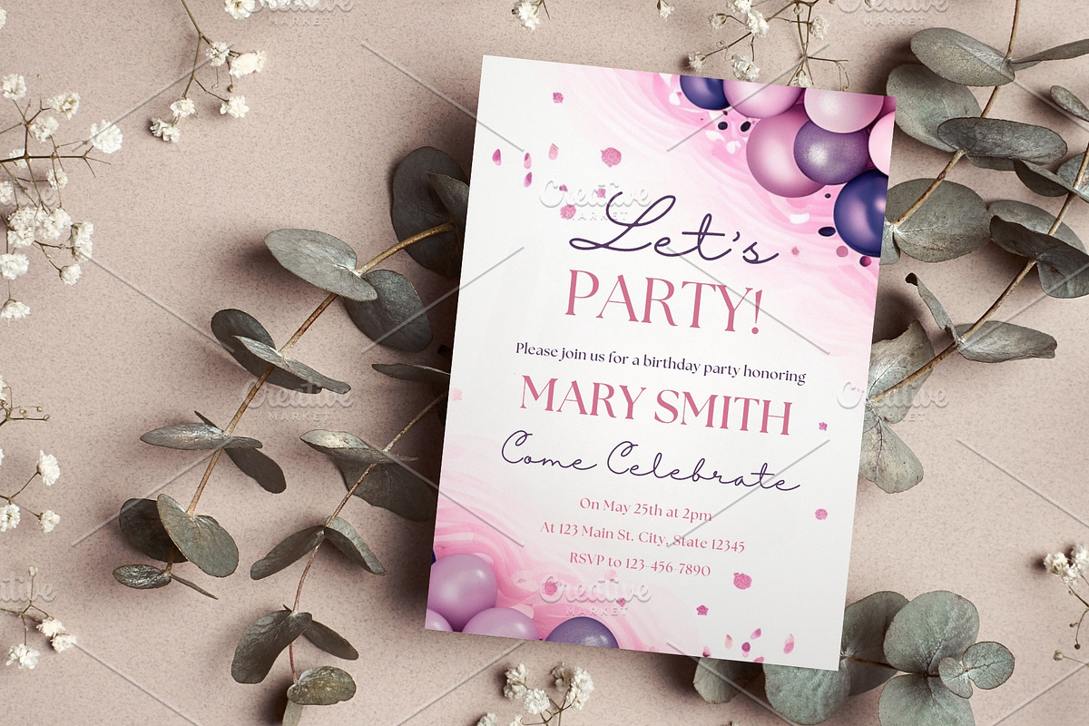 Pink & Purple Balloon Invite, an Invitation Template by Sunny Jar Designs