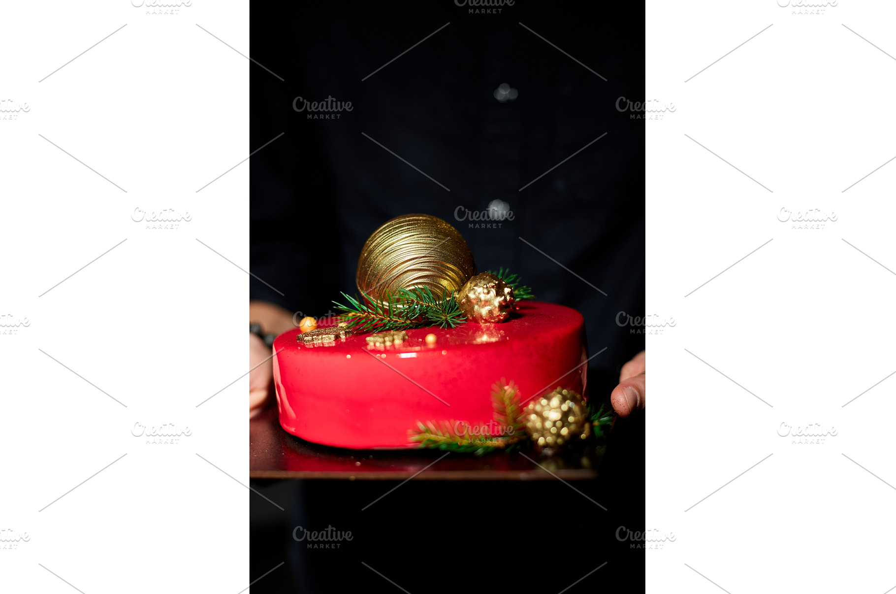 Festive Red Cake Adorned With Golden, a Holiday Photo by IlliaBondarPhotography