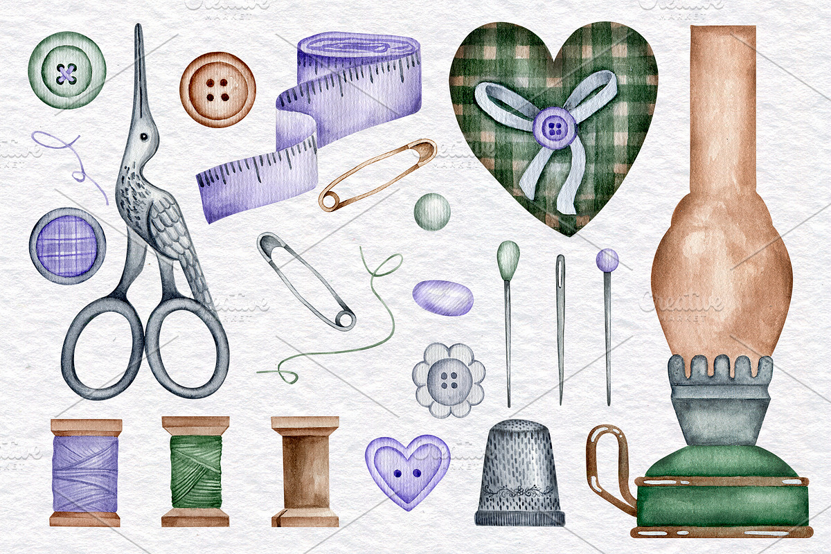 Vintage Watercolor Sewing Clipart, an Illustration by KathrineWatercolor (Photo 2 of 5)