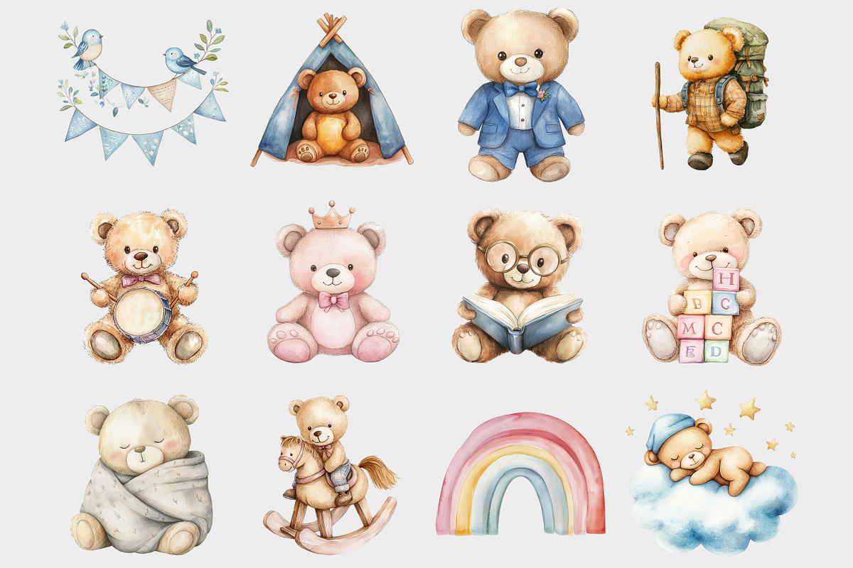 Watercolor Blue Teddy Bear Clipart, a Seasonal Illustration by Design Market (Photo 3 of 4)