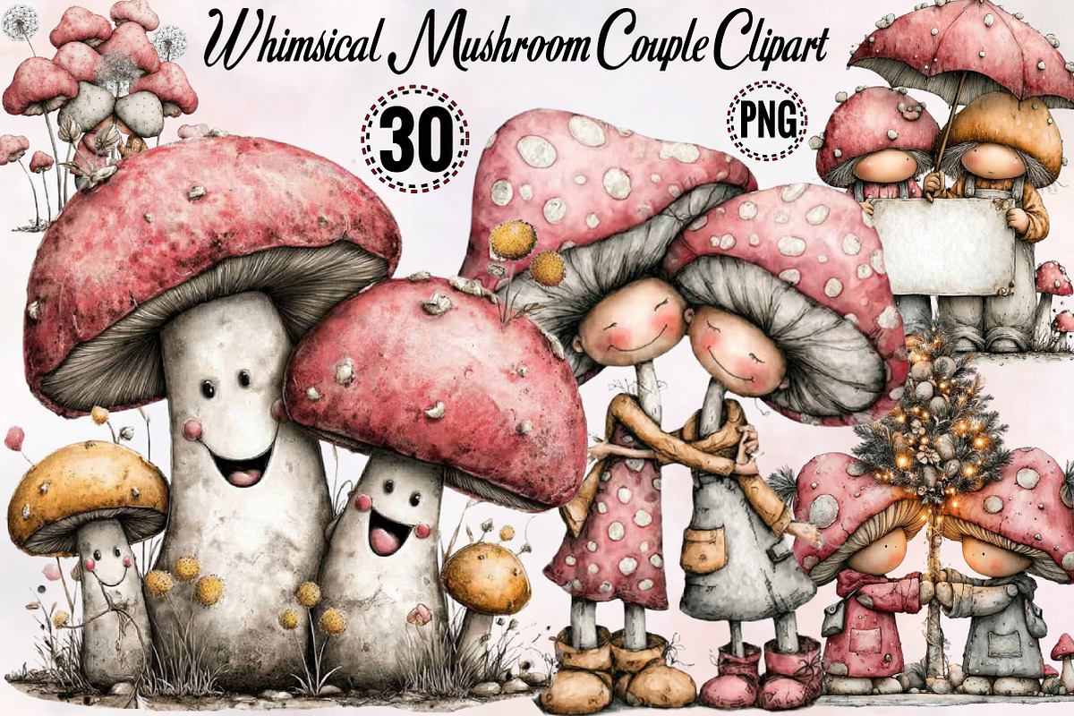 Whimsical Mushroom Couple Clipart Bu, an Illustration by SVGArt (Photo 1 of 8)
