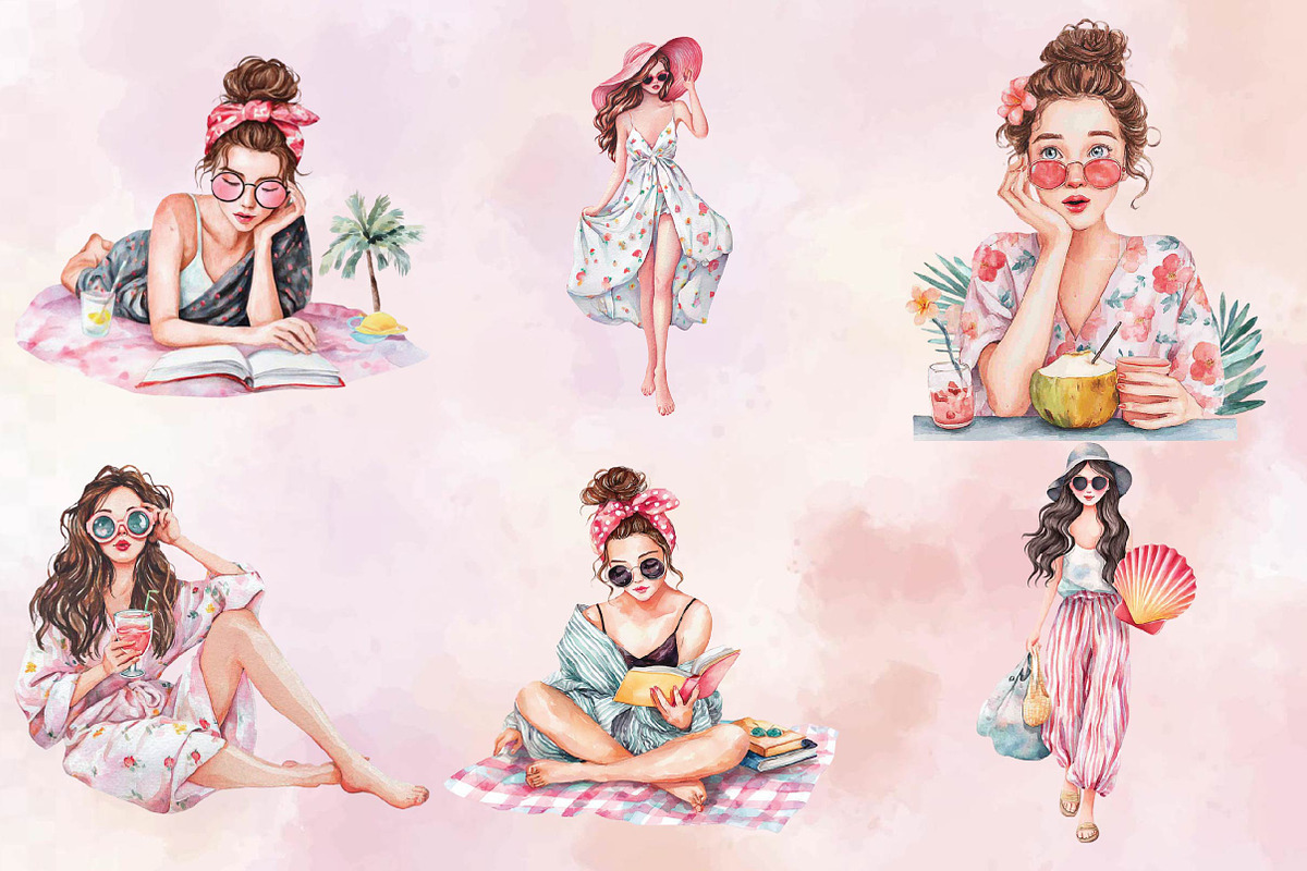Watercolor Girly Summer Clipart, an Illustration by SVGArt (Photo 4 of 9)