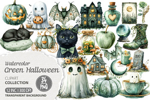 Sage Green Halloween Clipart, an Illustration by Dream Creation