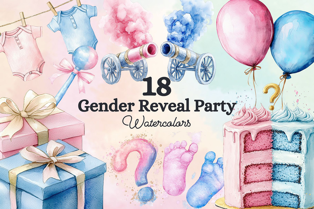 18 Gender Reveal Watercolor Elements, a Decorative Illustration by Loony Dream Designs (Photo 1 of 5)