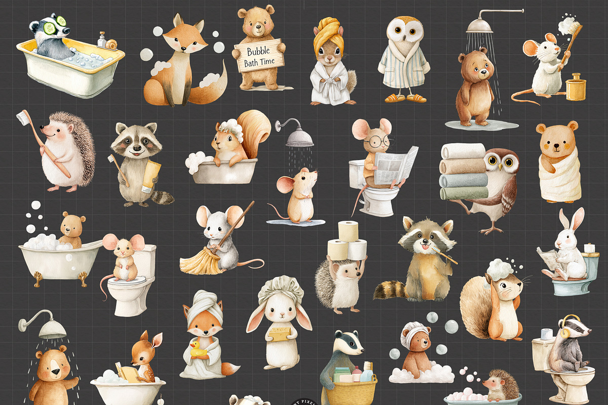 Cute Bath time Clipart- Woodland PNG, an Animal Illustration by PaintPixelCo (Photo 8 of 14)