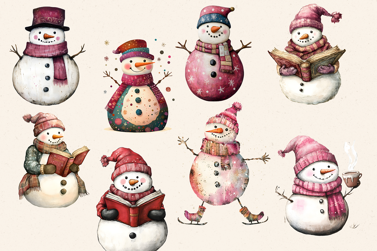 CUTE LOVELY PINK SNOWMEN CLIPART, a Seasonal Illustration by Daring Digies (Photo 3 of 7)