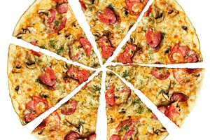 Round pizza cut into eight slices with mushroom, sausage and tom, a Food & Drink Photo by ndanko