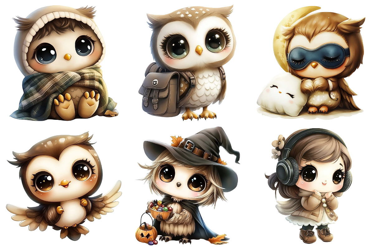 Watercolor Kawaii Owl Clipart, an Illustration by Daily.Designs (Photo 2 of 5)