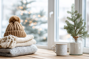 Cozy winter knitted hat, soft scarf, a Holiday Photo by MistyDay
