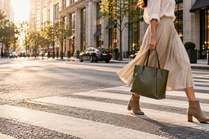 Woman walks in the city at sunset