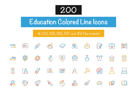 200 Education Colored Line Icons