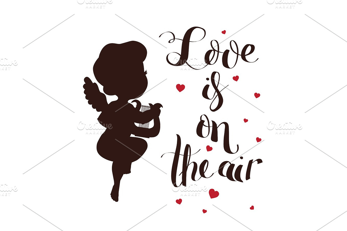 Cupid Love silhouette with harp and Love is on the air, an Illustration by JeraRS