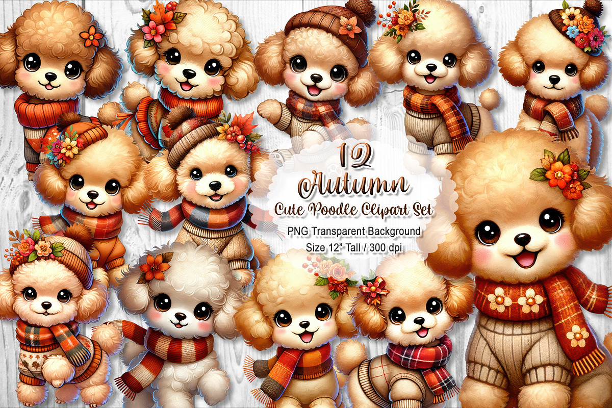 Cute Autumn Poodle Clipart Set, a Seasonal Illustration by V Design Creator (Photo 1 of 9)