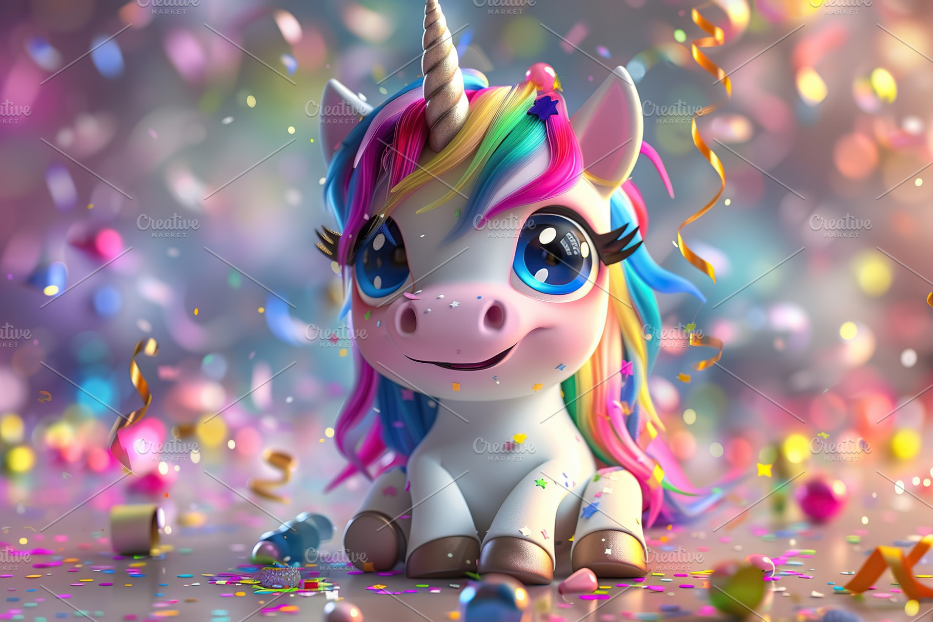 Illustration of cute baby unicorn on blurred confetti background, an Abstract Photo by AlyaAnd