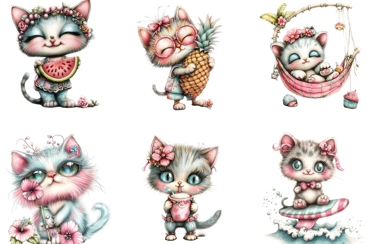 Whimsical Summer Cats Clipart, an Illustration by Designking (Photo 4 of 4)