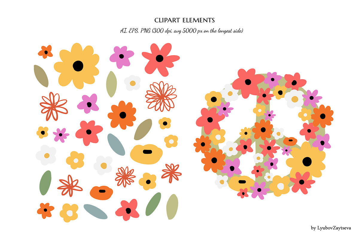 groovy hippie clipart, retro 70s set, a Person Illustration by LyubovZaytseva (Photo 21 of 23)