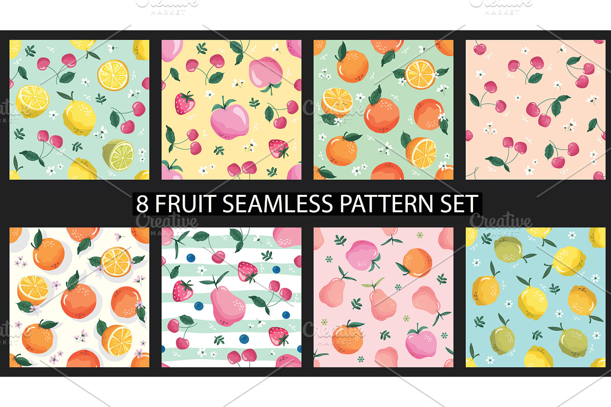 Seamless pattern set with fruits and, a Decorative Illustration by cutelittlethings