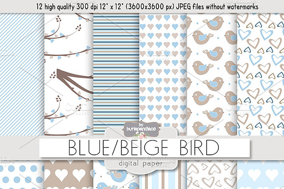 Blue beige birds digital papers preview 2