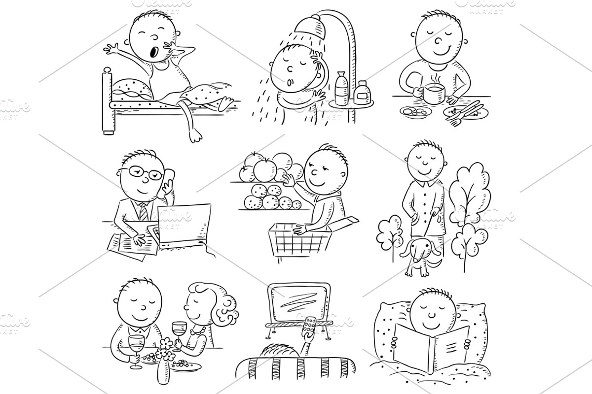 Daily activities of a cartoon man, an Illustration by Bubert Art (Photo 2 of 2)
