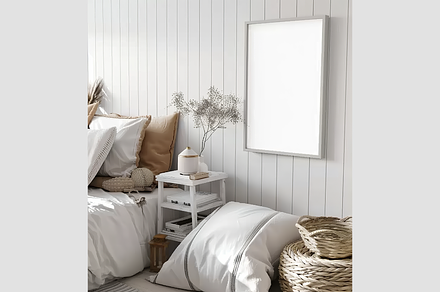 Mockup Frame in a White Bedroom, an Architecture Photo by GFXCity